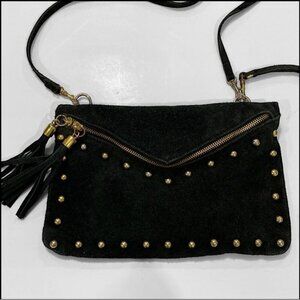 Vintage Black Studded Fringe Crossbody Suede Bag